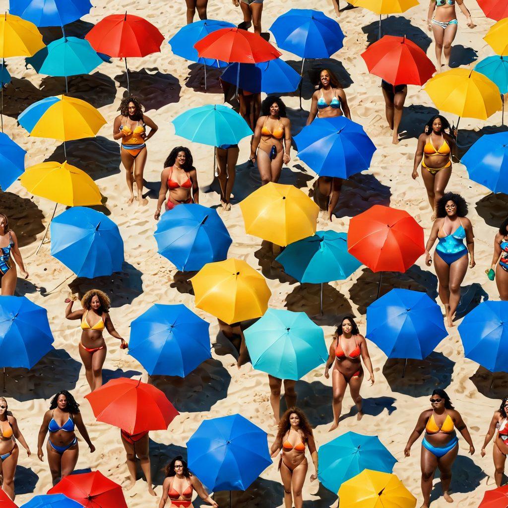 A diverse group of confident individuals of various body shapes and sizes joyfully wearing stylish swimwear at a sunny beach, surrounded by colorful beach umbrellas and vibrant sandcastle sculptures. A bright blue ocean waves in the background, symbolizing positivity and freedom. Capture the essence of body acceptance and celebration of diversity in shape. vibrant colors. super-realistic.