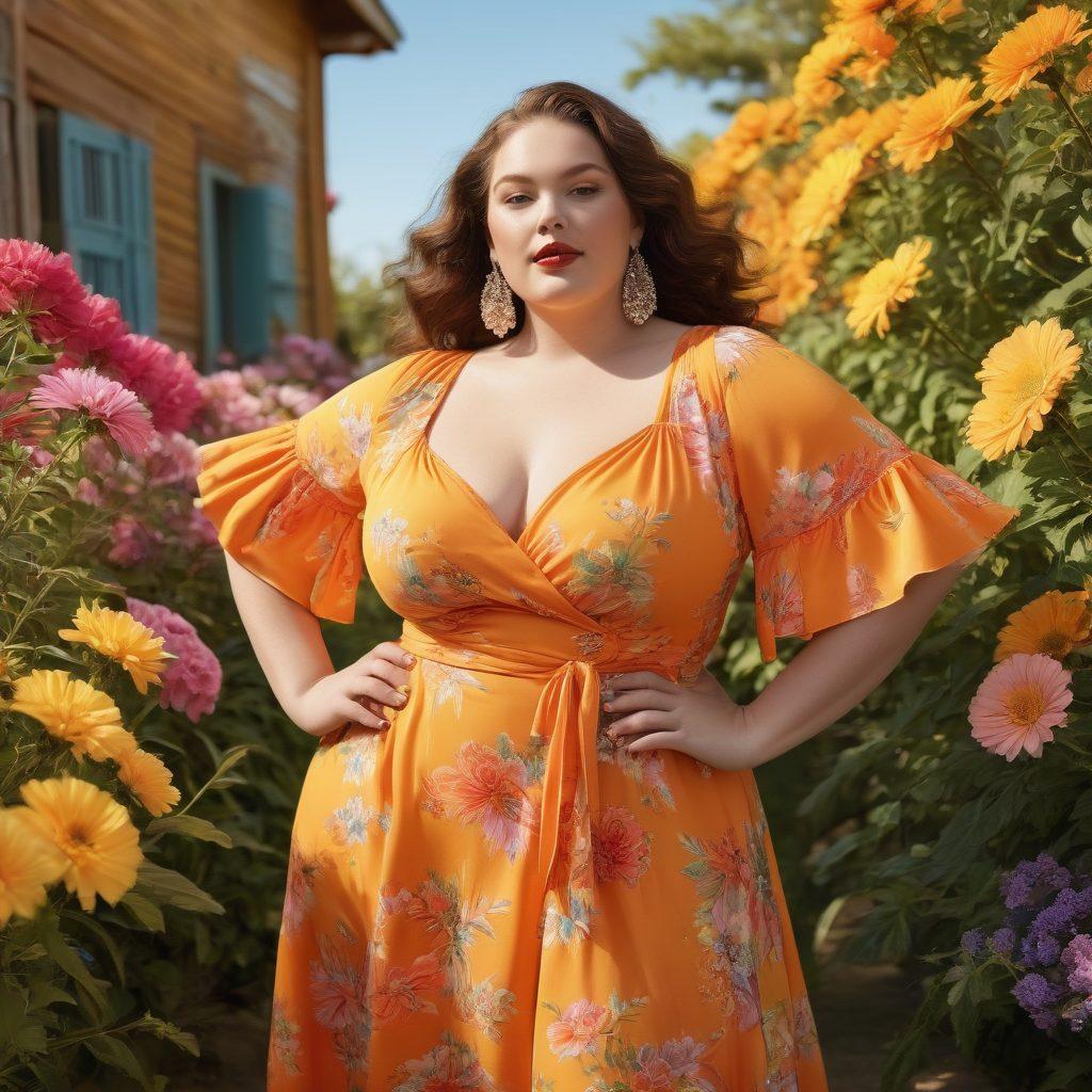 A vibrant summer scene featuring a diverse group of plus-size models joyfully showcasing vintage-inspired outfits, surrounded by colorful blooming flowers and sunny skies. The models, of varying ethnicities, are posed in a way that highlights their unique styles, including retro swimwear, flowy sundresses, and accessories, exuding confidence and authenticity. Soft sunlight filters through the scene, casting a warm glow and enhancing the lively colors of the outfits. Emphasize a cheerful and inclusive atmosphere. super-realistic. vibrant colors. outdoor setting.